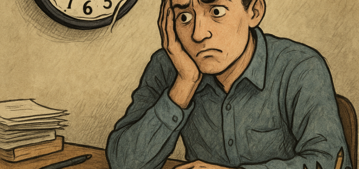 3 Razloga zašto svi odgađamo u životu dok ne bude prekasno | A person sitting at a cluttered desk, looking conflicted as a clock shows time slipping away.