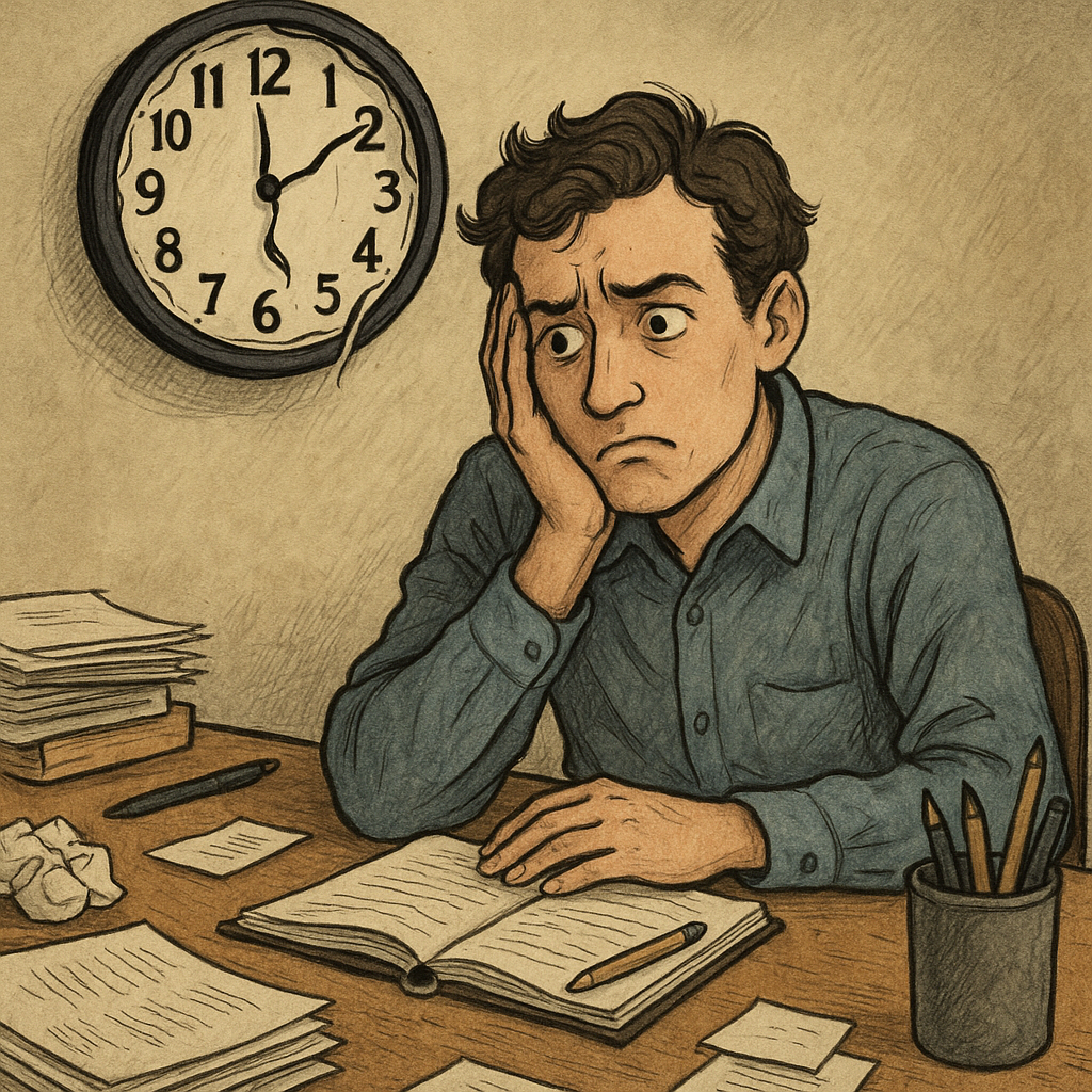 3 Razloga zašto svi odgađamo u životu dok ne bude prekasno | A person sitting at a cluttered desk, looking conflicted as a clock shows time slipping away.