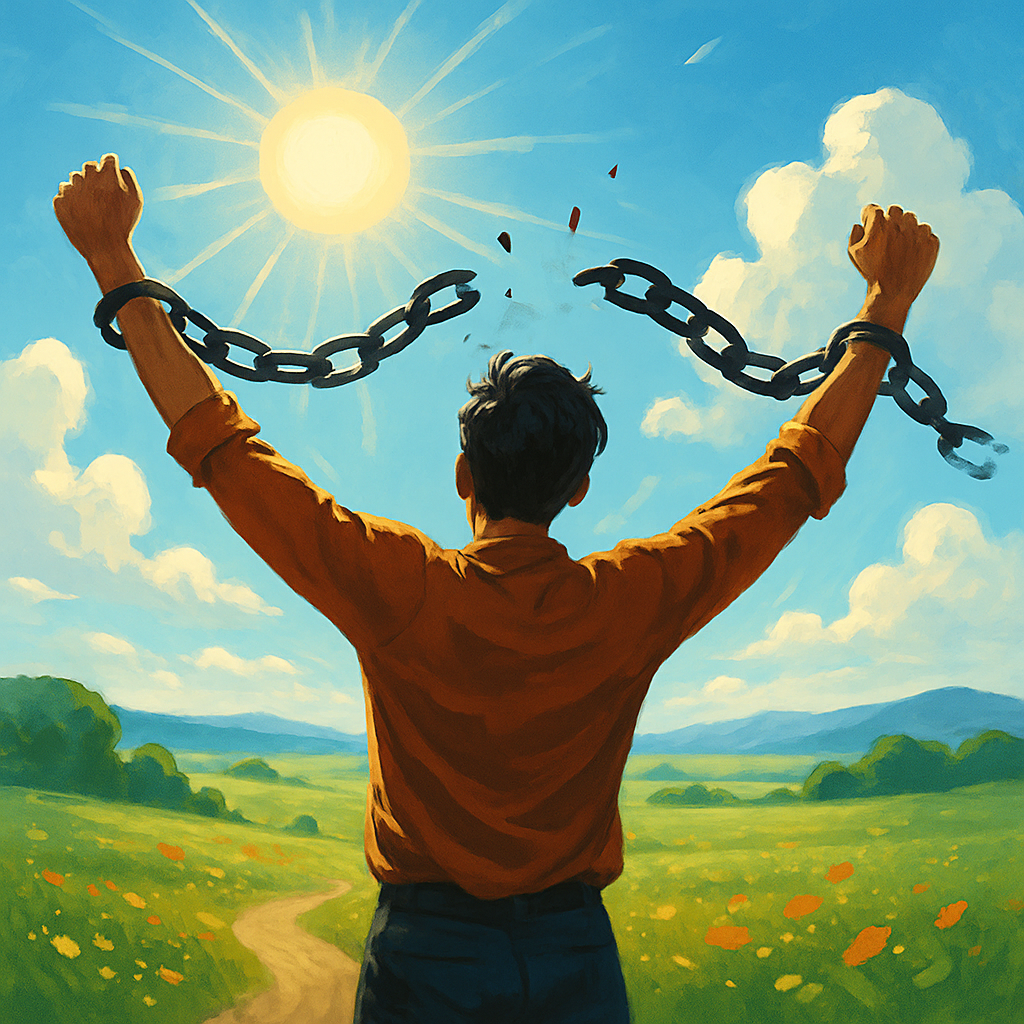 10 Ograničavajućih uvjerenja koja nas koče u životu | A person breaking free from chains in a bright, open landscape filled with possibilities.