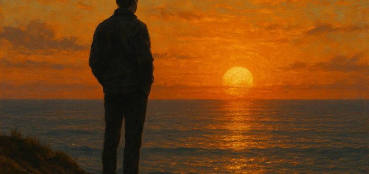 8 Stvari koje ćeš sigurno požaliti što nisi pustio ranije u životu | A reflective person standing on a cliff, looking at a sunset over the ocean.