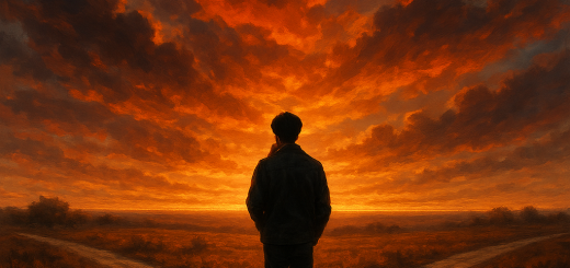10 životnih izbora koje ćemo svi zažaliti za 10 godina (ako ne budemo oprezni) | A reflective person standing at a crossroads, contemplating their future under a dramatic sunset.