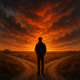 10 životnih izbora koje ćemo svi zažaliti za 10 godina (ako ne budemo oprezni) | A reflective person standing at a crossroads, contemplating their future under a dramatic sunset.