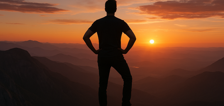 10 Životnih izbora koje ne morate opravdavati nikome | A person standing confidently on a mountain peak, overlooking a vast landscape at sunset.