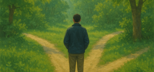 40 Citata za smirivanje uma kada ste na raskrižju u životu | A tranquil scene of a person standing at a crossroads surrounded by lush greenery, contemplating their path.