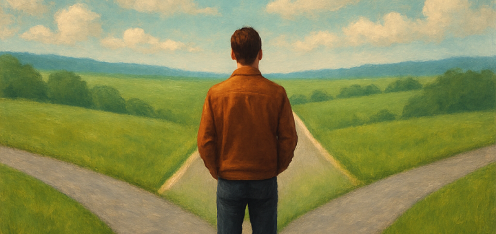 4 Načina da Počnete Puštati Danas Prije nego Život Postane Teži | A person standing at a crossroads, contemplating a peaceful open road ahead.
