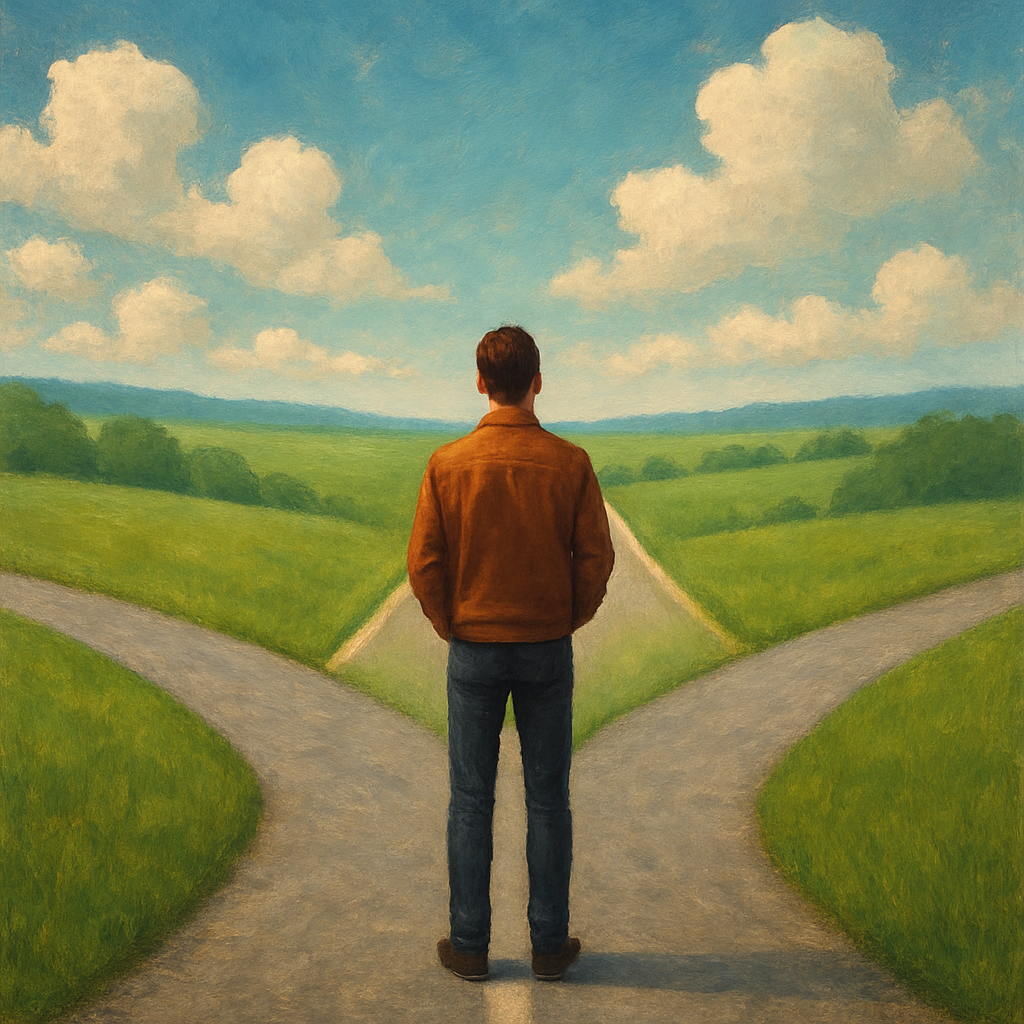 4 Načina da Počnete Puštati Danas Prije nego Život Postane Teži | A person standing at a crossroads, contemplating a peaceful open road ahead.
