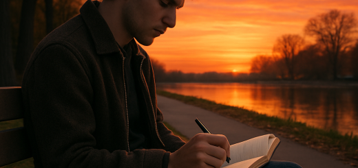 7 Dobrih "Poruka za sebe" koje bismo svi trebali upamtiti prije nego što život postane teži | A thoughtful person sitting on a quiet park bench, writing in a journal with a beautiful sunset in the background.