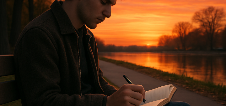 7 Dobrih "Poruka za sebe" koje bismo svi trebali upamtiti prije nego što život postane teži | A thoughtful person sitting on a quiet park bench, writing in a journal with a beautiful sunset in the background.