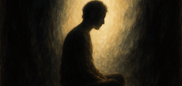 3 Različita načina razmišljanja koja često iscrpljuju 98 posto našeg unutarnjeg mira i radosti | A person sitting in contemplation, surrounded by shadows and bright light representing inner peace breaking through.