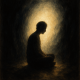 3 Različita načina razmišljanja koja često iscrpljuju 98 posto našeg unutarnjeg mira i radosti | A person sitting in contemplation, surrounded by shadows and bright light representing inner peace breaking through.