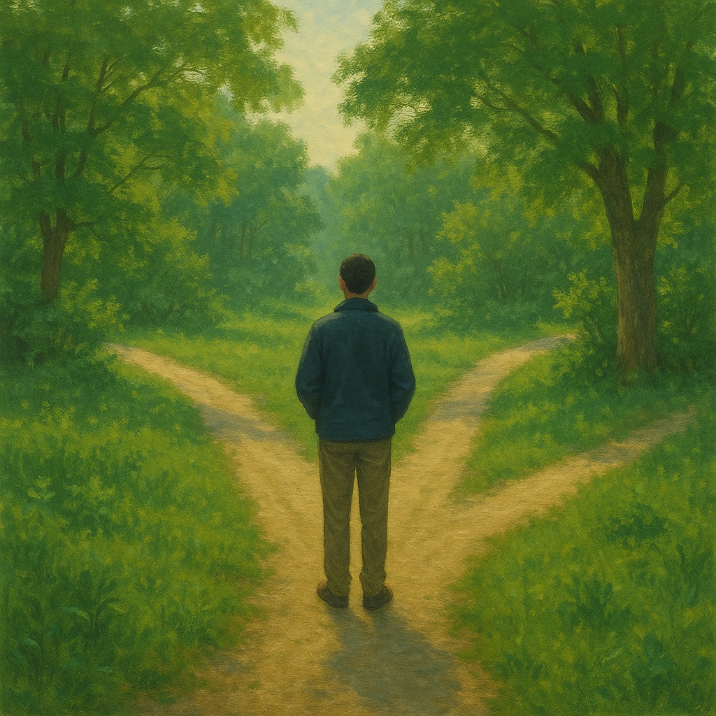 40 Citata za smirivanje uma kada ste na raskrižju u životu | A tranquil scene of a person standing at a crossroads surrounded by lush greenery, contemplating their path.