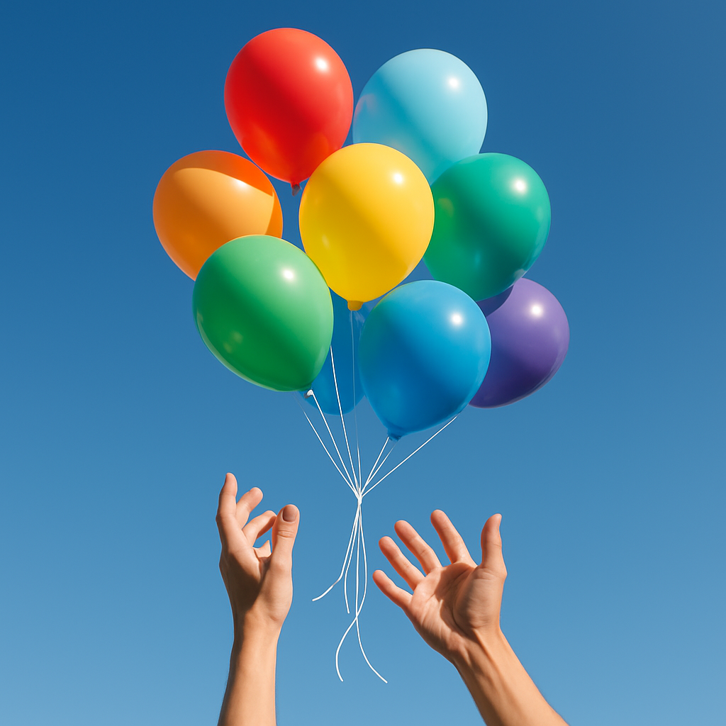 4 Teške životne lekcije koje svi učimo puštajući stvari | A pair of hands releasing a cluster of colorful balloons into a clear blue sky.