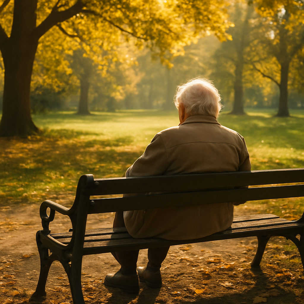 Jedan učinkovit korak koji svi neprestano poduzimamo prekasno u životu | An elderly person contemplating life on a bench in a sunlit park.