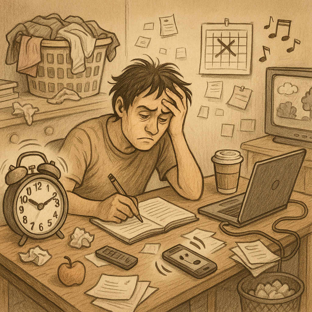 18 Dnevnih navika koje čine naš život 98 posto težim | A person struggling with daily challenges, surrounded by clutter and distractions.