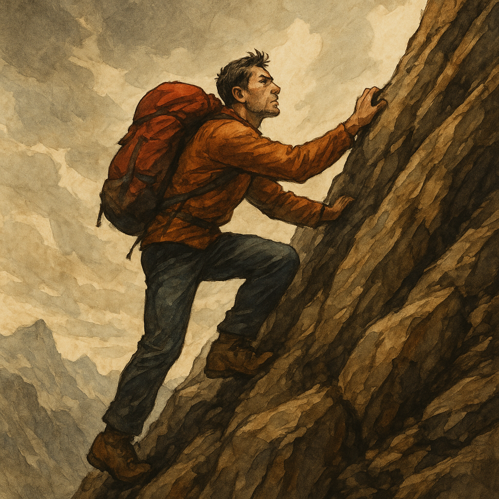 10 Teških stvari koje morate učiniti da biste bili uspješni u životu | A determined person climbing a steep mountain, symbolizing challenges and perseverance."
