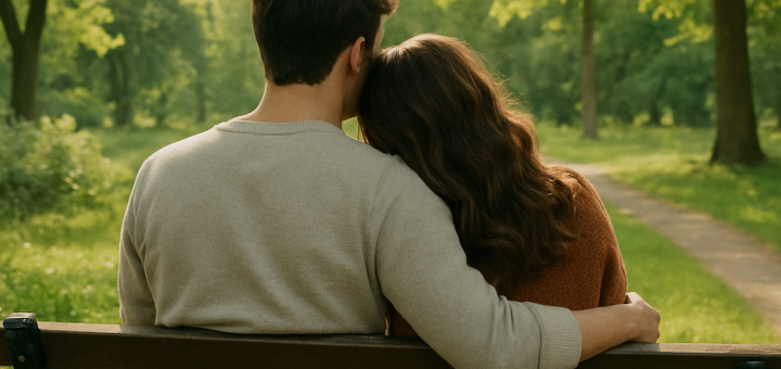20 Svjesnih stvari koje trebate započeti u svojim odnosima (za svoje dobro) | A couple sitting together on a park bench, sharing a moment of connection with nature around them.