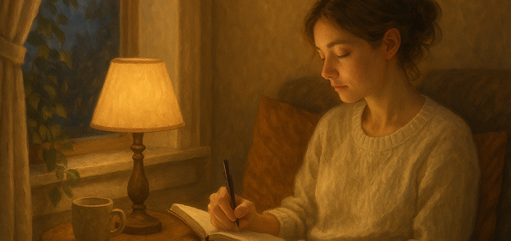 10 Svjesnih "Bilješki za Sebe" za Trenutke Kada Previše Osobno Shvaćate | A tranquil scene of a person journaling in a cozy nook with soft lighting.