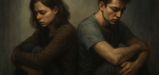 10 Društvenih navika koje često iscrpljuju radost iz naših odnosa | Two people sitting back to back, looking upset, surrounded by fading colors and shadows in a dimly lit room.