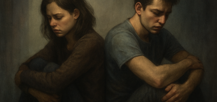 10 Društvenih navika koje često iscrpljuju radost iz naših odnosa | Two people sitting back to back, looking upset, surrounded by fading colors and shadows in a dimly lit room.