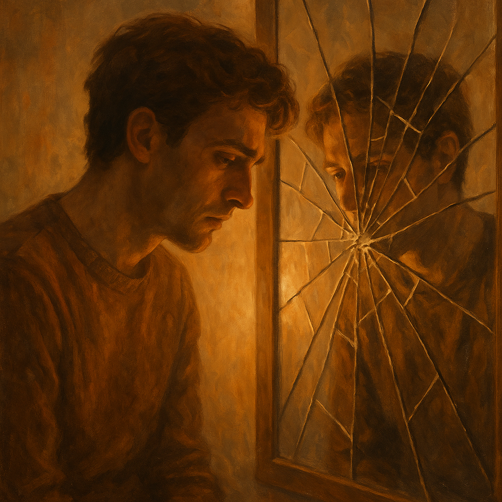 12 Malih laži kojih bi se trebali osloboditi | An introspective person looking at their reflection in a shattered mirror surrounded by soft, warm light.