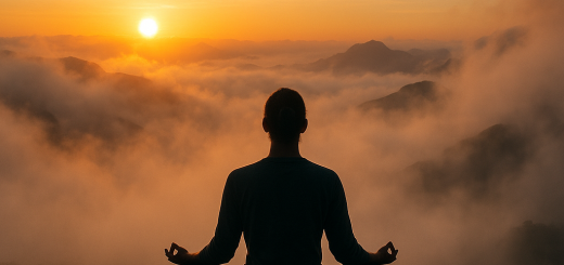 52 Svjesnih jutarnjih citata za svakodnevnu jasnoću i uvid | A person meditating at sunrise on a mountain peak, surrounded by misty clouds.