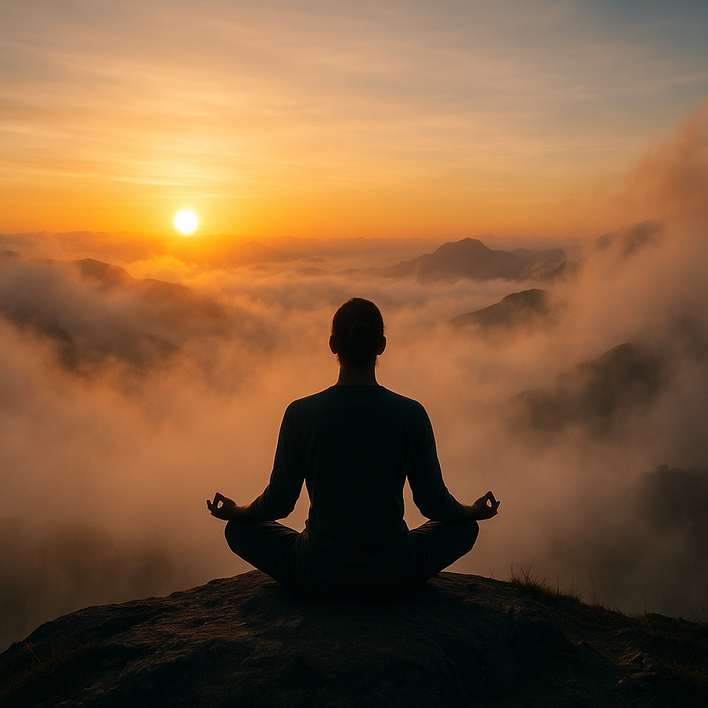 52 Svjesnih jutarnjih citata za svakodnevnu jasnoću i uvid | A person meditating at sunrise on a mountain peak, surrounded by misty clouds.