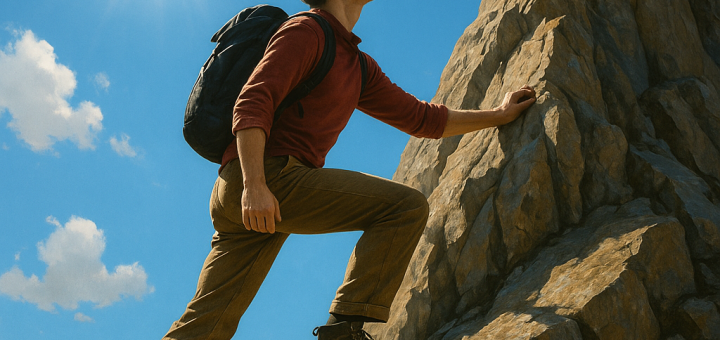 3 Učinkovite stvari koje trebaš početi raditi za samopouzdanje i osobni rast | An inspiring person climbing a mountain, symbolizing growth and confidence under a bright blue sky.