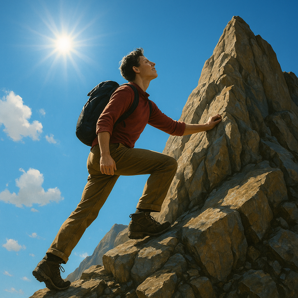 3 Učinkovite stvari koje trebaš početi raditi za samopouzdanje i osobni rast | An inspiring person climbing a mountain, symbolizing growth and confidence under a bright blue sky.
