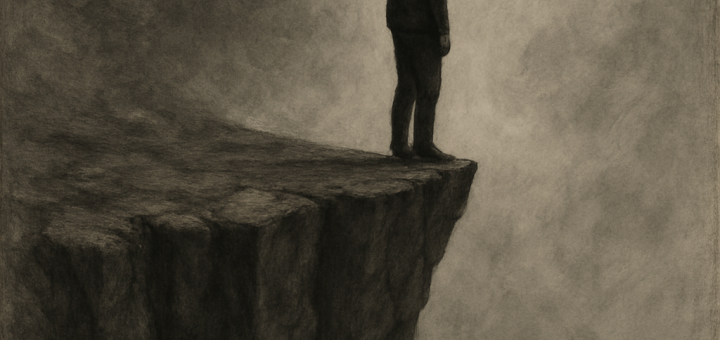 10 Teških stvari koje predugo nosimo sa sobom | A person standing at the edge of a cliff, contemplating the weight of unseen burdens.