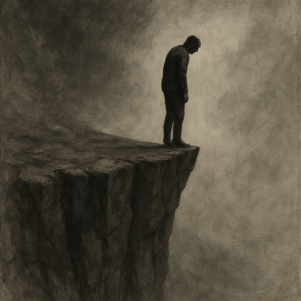 10 Teških stvari koje predugo nosimo sa sobom | A person standing at the edge of a cliff, contemplating the weight of unseen burdens.