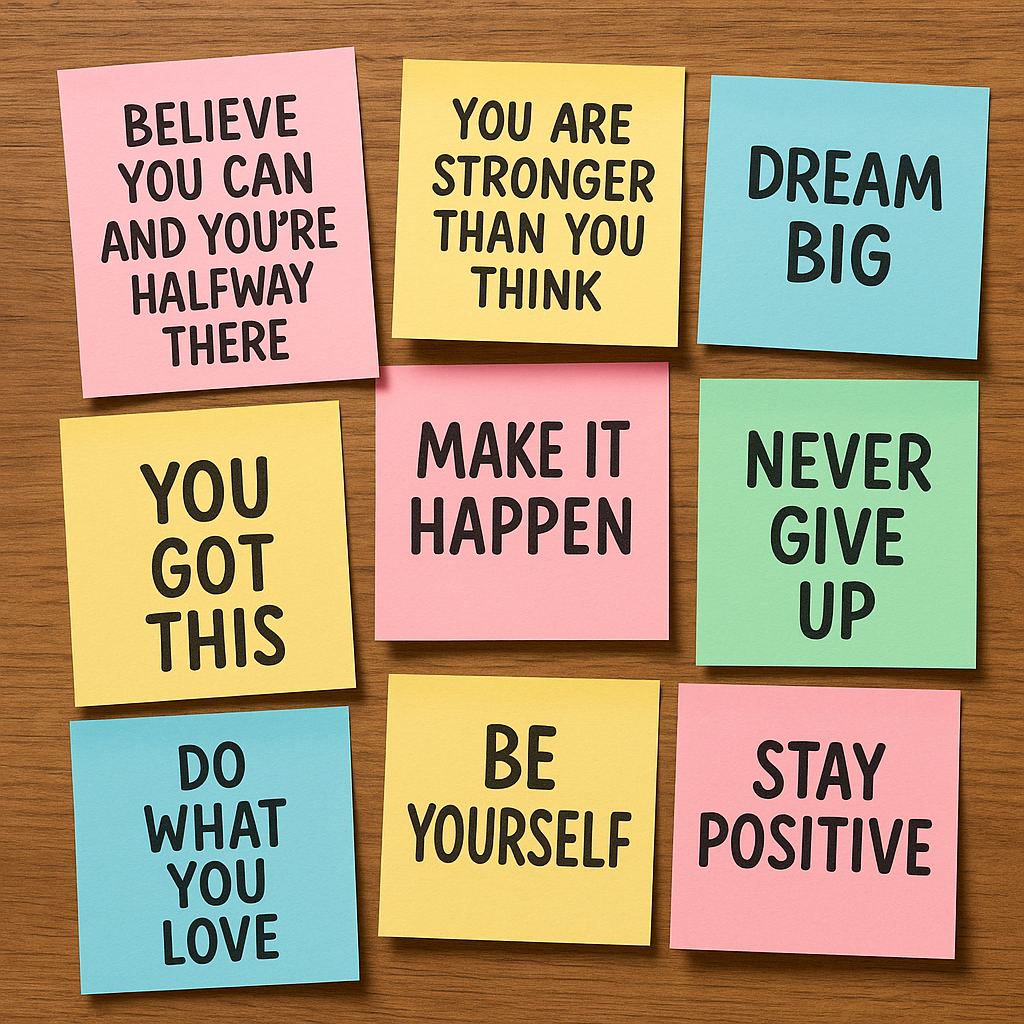 10 Post-it bilješki koje svi trebamo zapamtiti prije nego život postane teži | A collection of colorful sticky notes with inspiring quotes on a wooden desk.