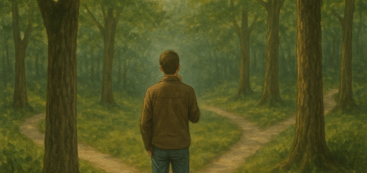 40 Dnevnih Citata za Umirivanje Uma kada Ste na Razmeđu u Životu | A tranquil scene of a person standing at a fork in a forest path, contemplating their choices.