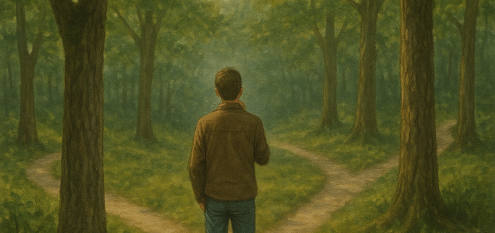 40 Dnevnih Citata za Umirivanje Uma kada Ste na Razmeđu u Životu | A tranquil scene of a person standing at a fork in a forest path, contemplating their choices.