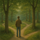 40 Dnevnih Citata za Umirivanje Uma kada Ste na Razmeđu u Životu | A tranquil scene of a person standing at a fork in a forest path, contemplating their choices.
