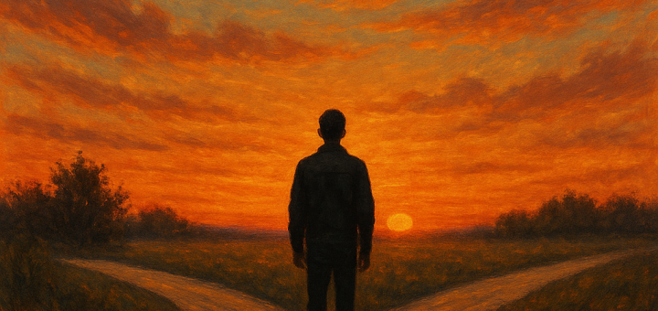 8 Stvari kojih ćete neizbježno zažaliti što ih niste pustili ranije u životu | A person standing at a crossroads with a sunset in the background, contemplating their choices.