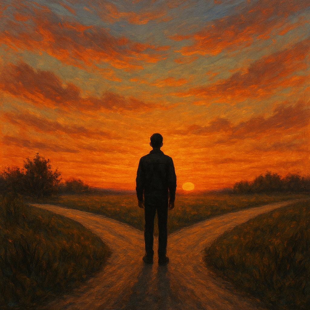 8 Stvari kojih ćete neizbježno zažaliti što ih niste pustili ranije u životu | A person standing at a crossroads with a sunset in the background, contemplating their choices.