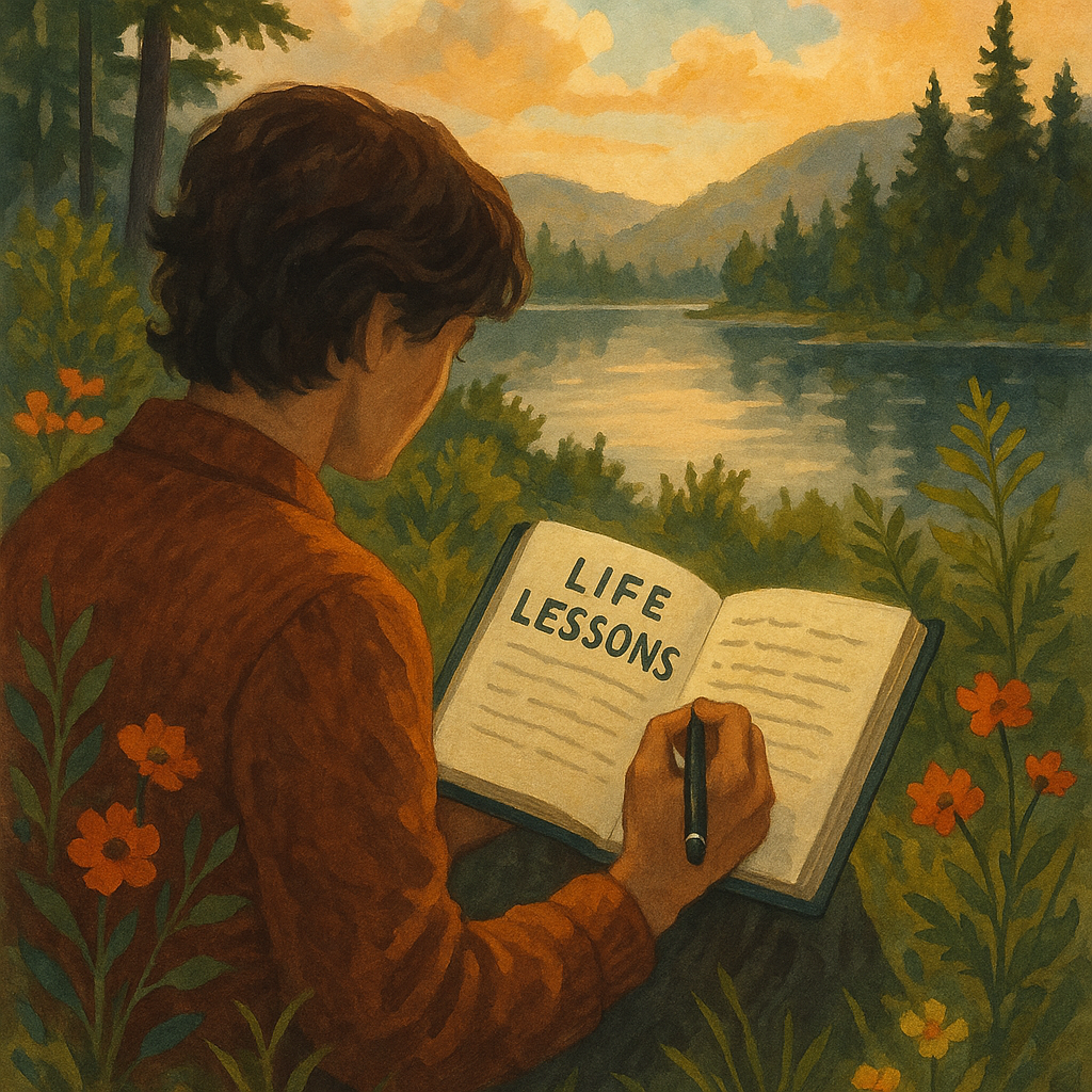 20 "Poruka sebi" koje bismo svi trebali zapamtiti prije nego život postane teži | A person writing in a journal, surrounded by nature, reflecting on important life lessons.