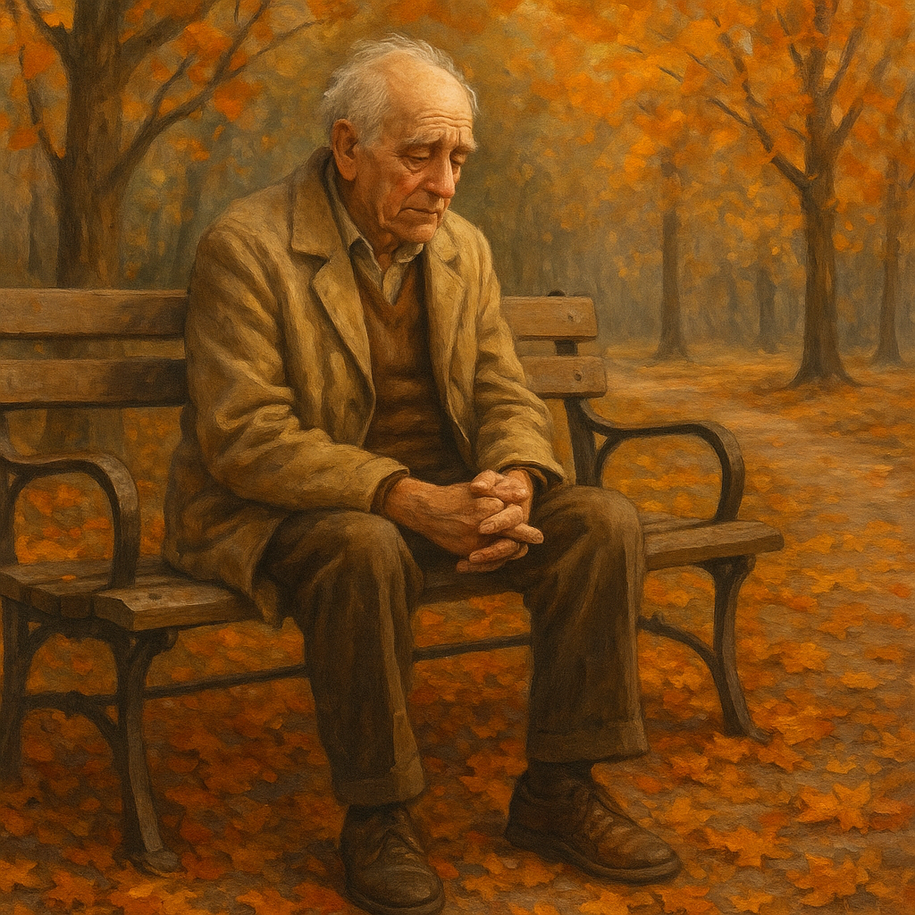 3 Vječne lekcije koje prekasno učimo u životu | An elderly person reflecting on life lessons while sitting on a park bench surrounded by autumn leaves.