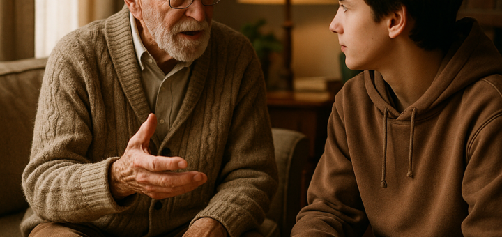 20 Stvari u kojima je moj sada 82-godišnji tata bio u pravu | An elderly man sharing wisdom with a young person in a cozy living room.