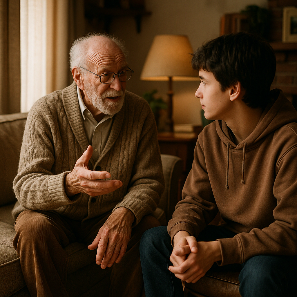 20 Stvari u kojima je moj sada 82-godišnji tata bio u pravu | An elderly man sharing wisdom with a young person in a cozy living room.
