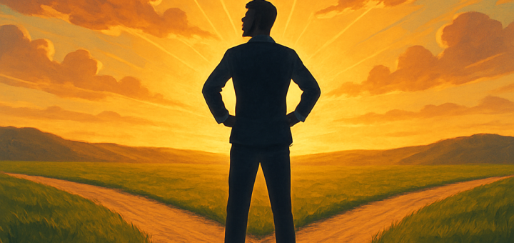 9 Znakova da je vrijeme za korak naprijed | A person standing at a crossroads, looking confidently into the distance with a bright sunrise behind them.