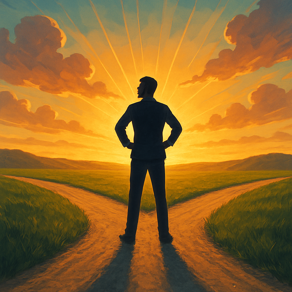 9 Znakova da je vrijeme za korak naprijed | A person standing at a crossroads, looking confidently into the distance with a bright sunrise behind them.