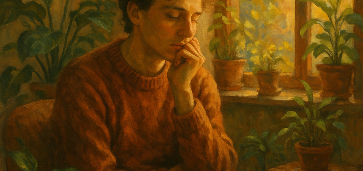 7 Pametnih načina za suočavanje s toksičnim ljudima | A thoughtful person reflecting in a cozy room filled with plants and warm sunlight.