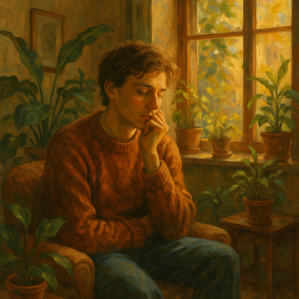 7 Pametnih načina za suočavanje s toksičnim ljudima | A thoughtful person reflecting in a cozy room filled with plants and warm sunlight.