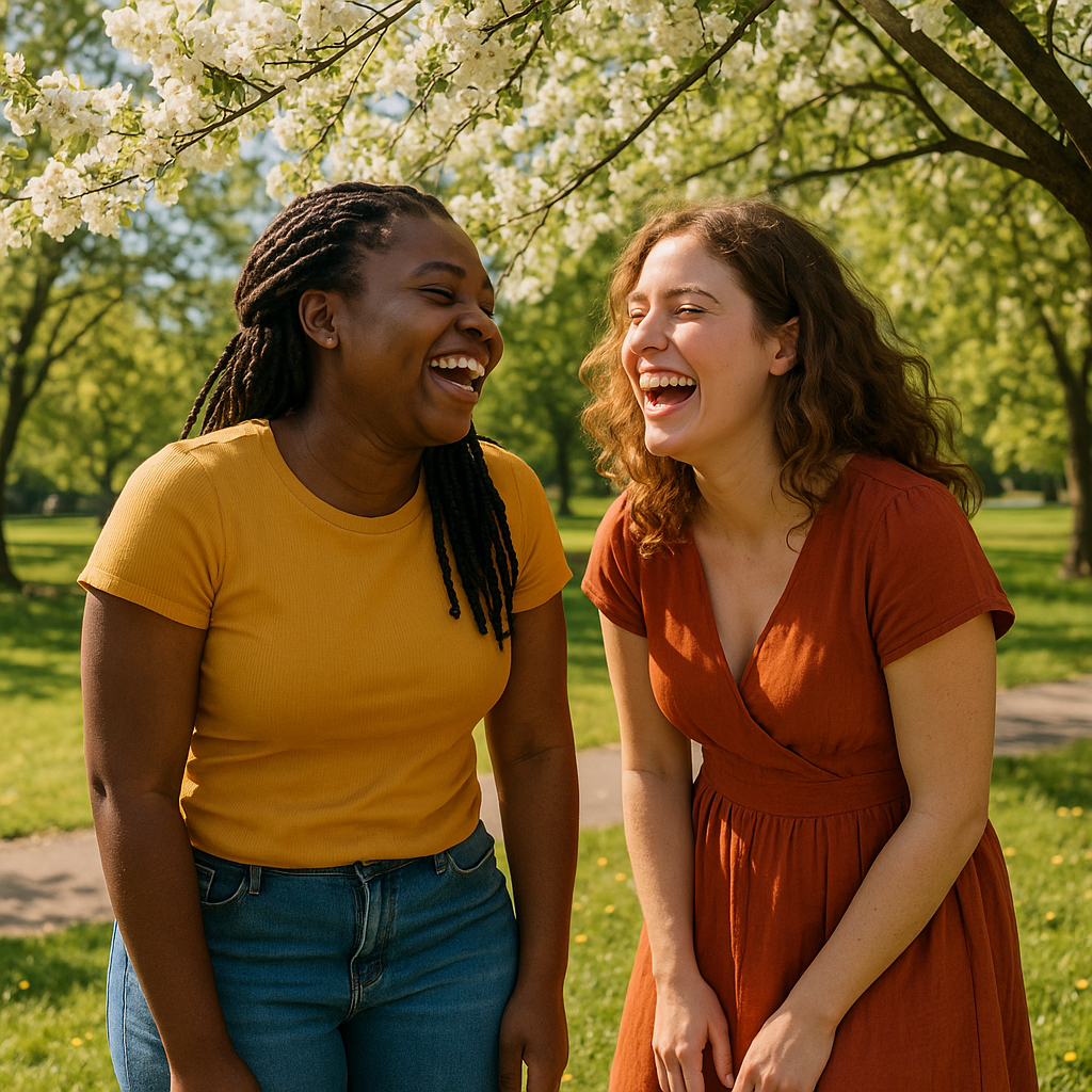 9 Stvari koje pravi prijatelj nikada ne bi učinio prema tebi | Two friends sharing a laugh under a blossoming tree in a sunny park.