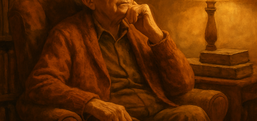 12 Stvari koje me 90 godina mudrosti naučilo o sreći i životu | An elderly person sitting in a cozy armchair, surrounded by books and warm light, reflecting on life.