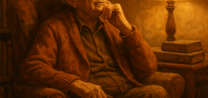 12 Stvari koje me 90 godina mudrosti naučilo o sreći i životu | An elderly person sitting in a cozy armchair, surrounded by books and warm light, reflecting on life.