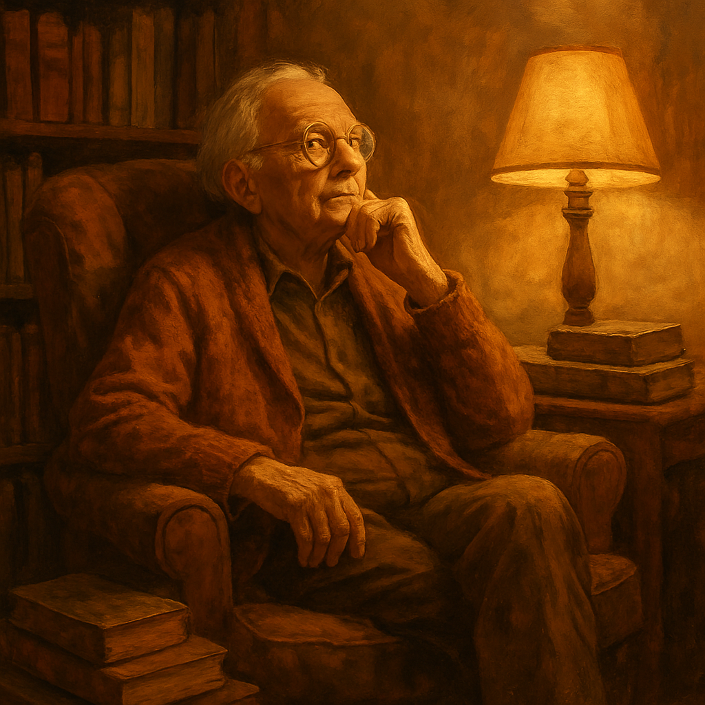 12 Stvari koje me 90 godina mudrosti naučilo o sreći i životu | An elderly person sitting in a cozy armchair, surrounded by books and warm light, reflecting on life.