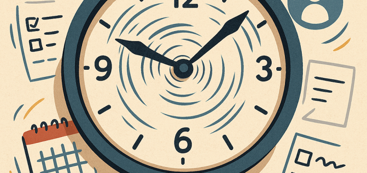 6 Stvari na kojima često gubimo vrijeme (dok ne bude prekasno) | A clock with its hands spinning quickly, surrounded by various distractions like social media icons and unfinished tasks.