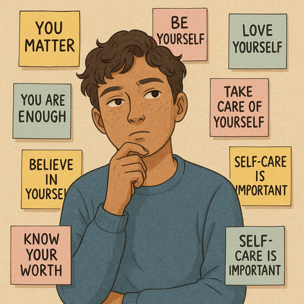 10 Bitnih stvari koje često zaboravljate o sebi | A thoughtful person surrounded by post-it notes, each with a meaningful reminder about self-identity and care.